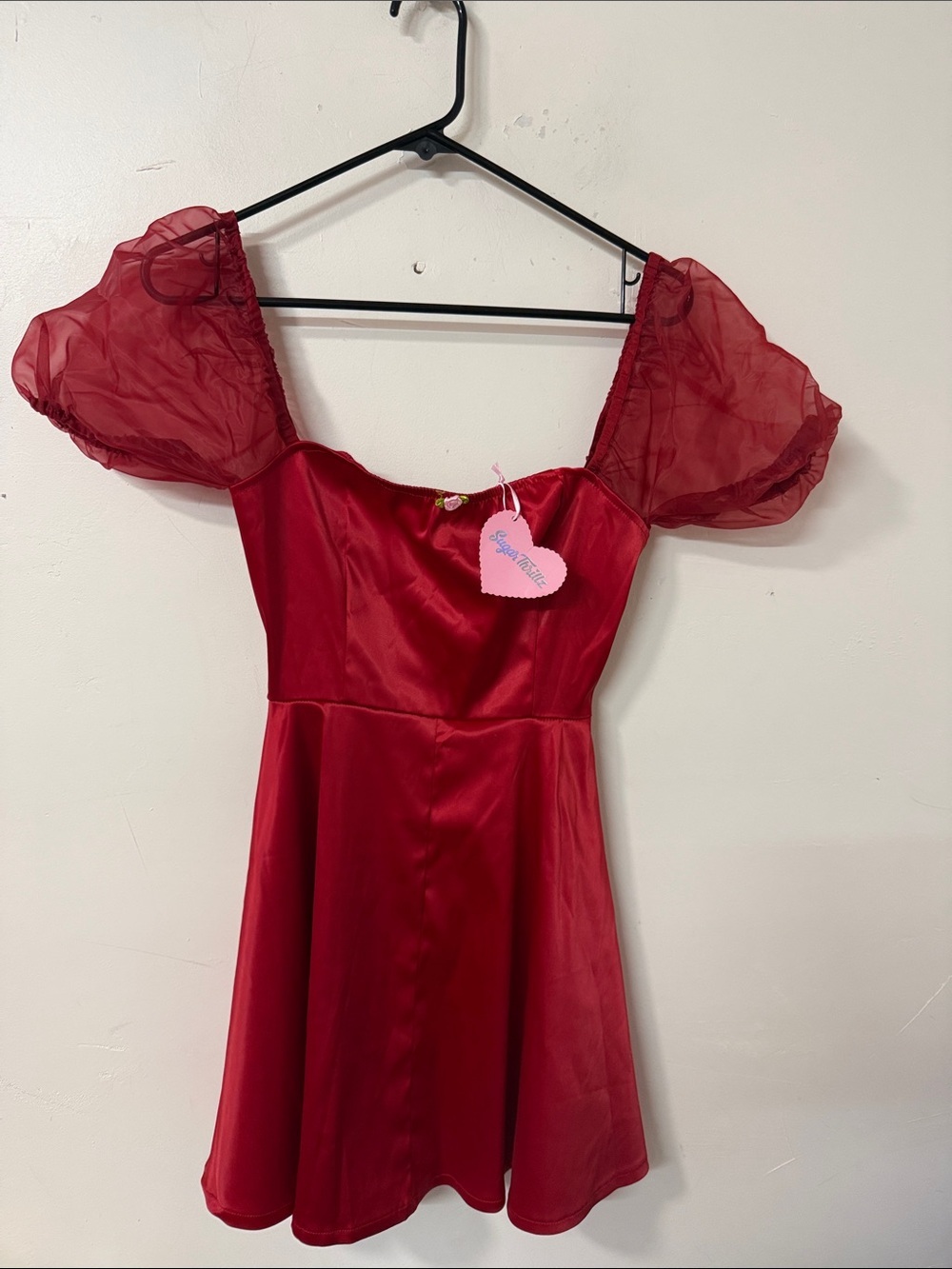 Sugar Thrillz Red Satin Mini Dress with Sheer Puff Sleeves